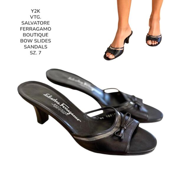 Y2K VTG. SALVATORE FERRAGAMO‎ BOUTIQUE BLACK LEATHER BOW SLIDES HEELS SZ. 7 - Picture 1 of 8